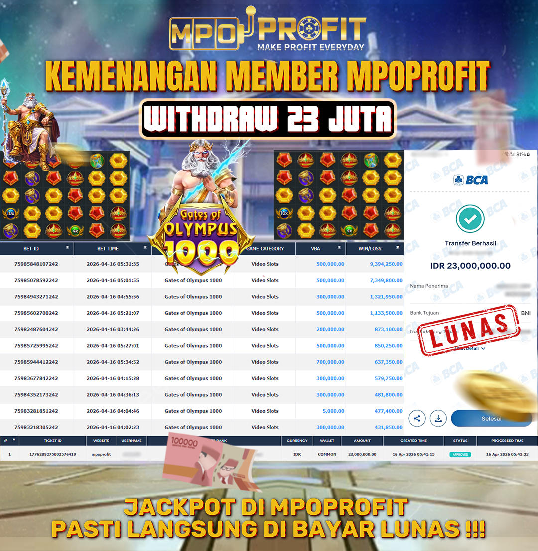 MPOPROFIT JACKPOT SLOT PRAGMATIC! KEMENANGAN MURNI DI (GATES OF OLYMPUS 1000 TOTAL RP 23.000.000,- LUNAS)